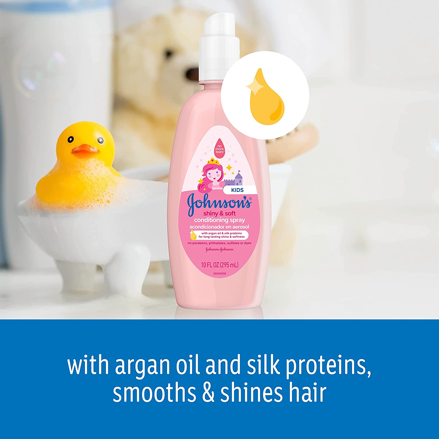 Johnson's Baby Shiny & Soft Tear-Free Kids' Hair Conditioning Spray with Argan Oil & Silk Proteins, Paraben, Sulfate & Dye-Free Formula, Hypoallergenic & Gentle for Toddlers, 10 Fl Oz - Image 3